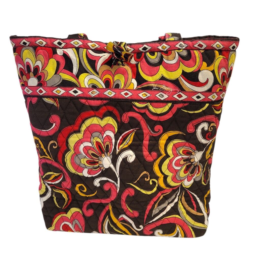 Vera Bradley Puccini Tote Bag Brown Floral Pattern Quilted Cotton USA Made